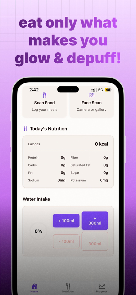 Interface of the Depuff AI app showing nutrition details like sodium levels and a water intake tracker