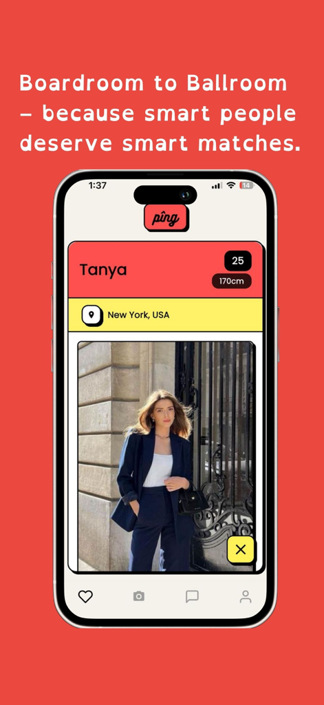 성공한 사람들을 위한 Ping 데이트 앱의 전문가 프로필, 정장을 입은 여성의 모습