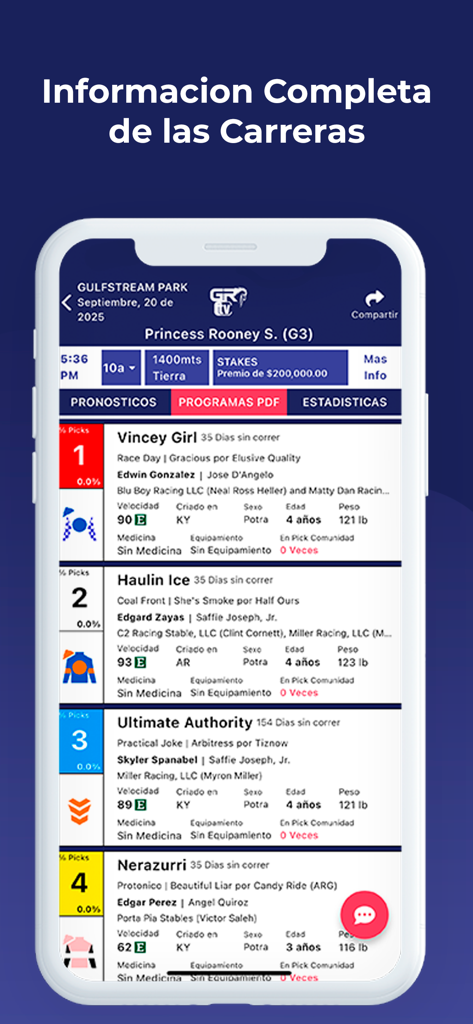 GRTV - GRTV 앱 인터페이스에 스페인어로 된 상세한 경마 프로그램 및 전문 통계 표시