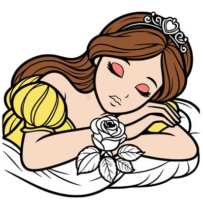 a fairytale princess sleeping with her hands crossed on her chest and a rose on her chest realistic