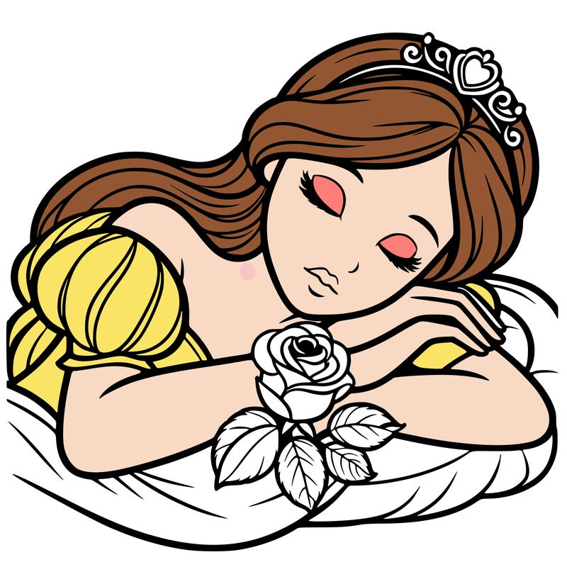 a fairytale princess sleeping with her hands crossed on her chest and a rose on her chest realistic