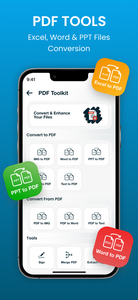 Print: Smart Wireless Printer - Écran de smartphone affichant la boîte à outils PDF de l'application Smart Wireless Printer avec des options de conversion de fichiers et de gestion de documents.