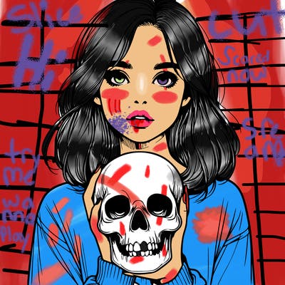 realistic girl holding a skull