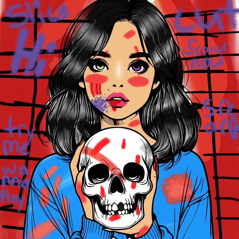 realistic girl holding a skull