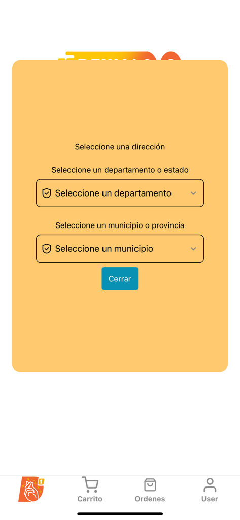 Deuna Go - Tela de seleção de local do aplicativo Deuna Go para departamento e município