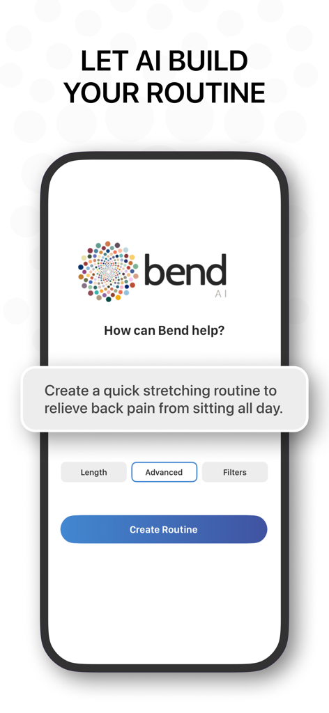 Bend: Stretching & Flexibility - Interfaz de la app Bend que muestra el creador de rutinas de estiramiento personalizadas con IA para aliviar el dolor de espalda