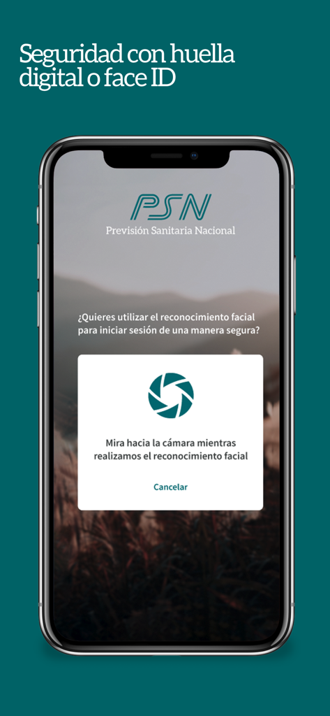 Aplicación móvil Grupo PSN mostrando el inicio de sesión de seguridad biométrica con reconocimiento facial