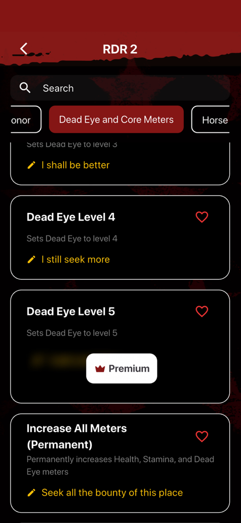 Menu of Red Dead Redemption 2 cheat codes for dead eye and core meters
