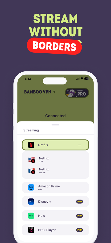 BambooVPN - Secure VPN Proxy - BambooVPN app interface displaying streaming platforms for global access