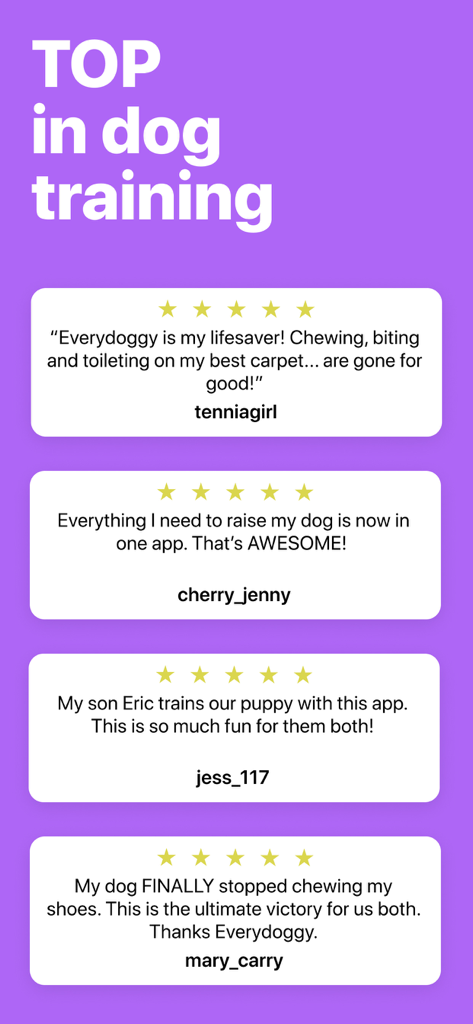 EveryDoggy - Dog Training App - Four positive user reviews with five star ratings for the EveryDoggy dog training app