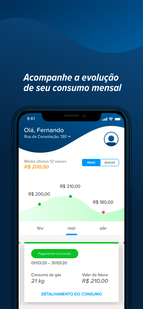Grupo Consigaz - Mobile app screen showing a monthly gas consumption graph and payment confirmation for a utility bill.