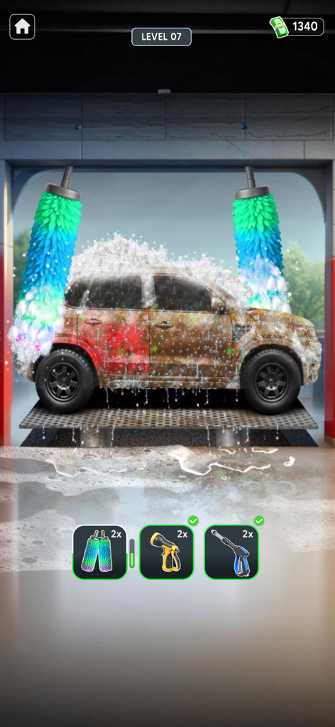 Car Wash Games: Repair Garage - Dirty brown SUV being cleaned by colorful rotating brushes in a car wash simulator.