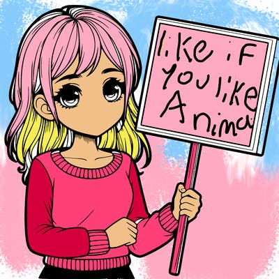 a realistic girl holding a sign