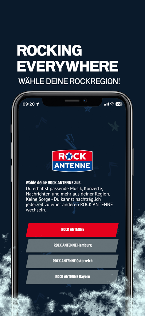 Interfaz de la aplicación móvil Rock Antenne mostrando la pantalla de selección de región para música y noticias rock personalizadas