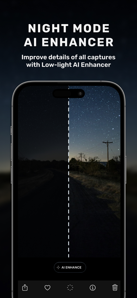 Nightcam Camera: Night Mode - A split screen comparison on a smartphone showing a dark night photo versus a bright AI enhanced version with clear stars.