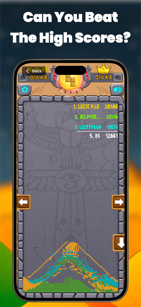 Sand Crush- Block Puzzle Blast - 이집트 테마 UI와 높은 점수를 보여주는 Sand Crush의 리더보드 화면