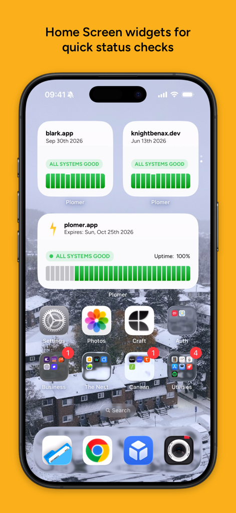 Plomer: Website Monitoring - Pantalla de inicio de iPhone que muestra widgets de Plomer con comprobaciones de tiempo de actividad del sitio web y estado del dominio.