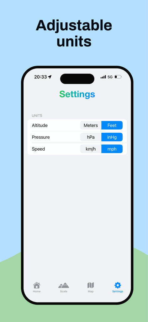 Altimeter Pro USA - Altimeter Pro USA settings screen showing adjustable units for altitude pressure and speed with imperial options selected