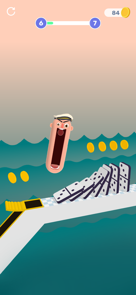 Hopping Heads: Scream & Shout - Ein schreiender Kapitänskopf-Charakter springt in einem Meerlevel über fallende Dominosteine