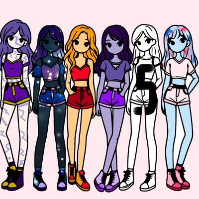 a group of girls wearing crop tops and shorts