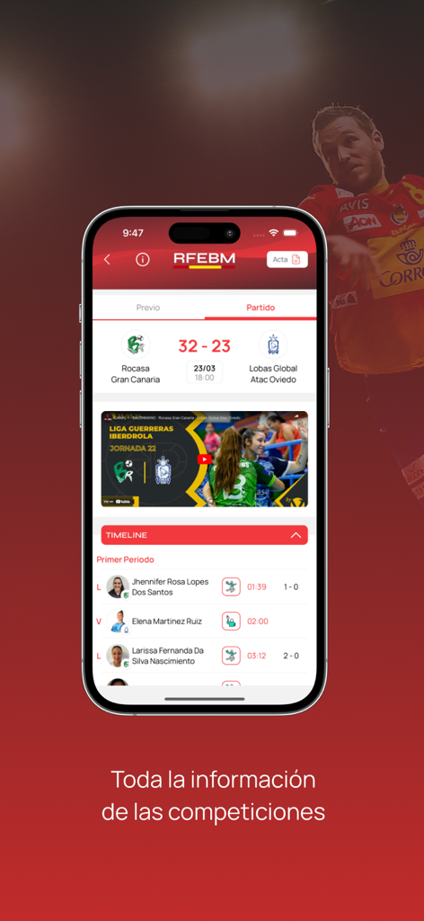 RFEBM 앱의 모바일 화면으로 핸드볼 경기 결과 점수와 선수 득점의 상세한 타임라인을 보여줌