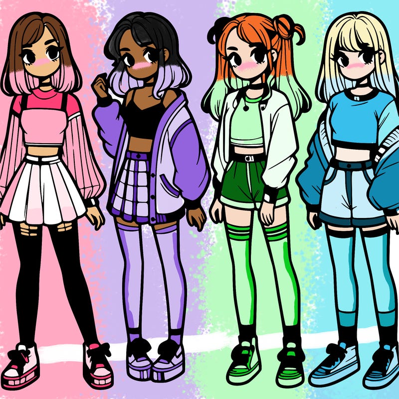 one girl with crop-top shirt and a jacket with a skirt, long socks and another girl with a shirt and pants with a jacket