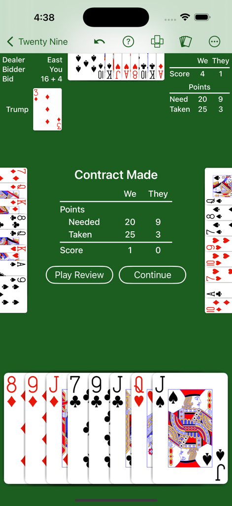 Pantalla de resumen de puntuación para el juego de cartas Twenty Nine mostrando los resultados del contrato.