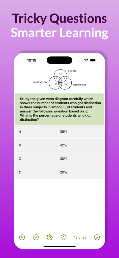 The IQ Test : Lite Edition - A Venn diagram logic question on the IQ Test Lite Edition mobile app interface.