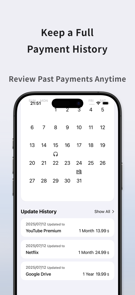 Costly : Subscription Tracker - Mobile app screen showing a calendar and update history for subscriptions like Netflix and YouTube Premium