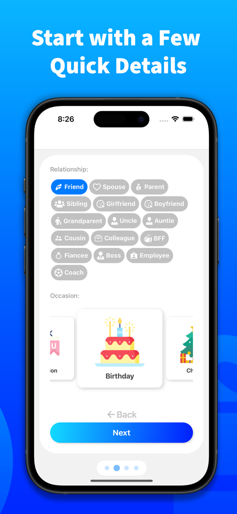 A mobile phone screen from the Giftly app showing options to select the relationship and occasion for AI gift suggestions.