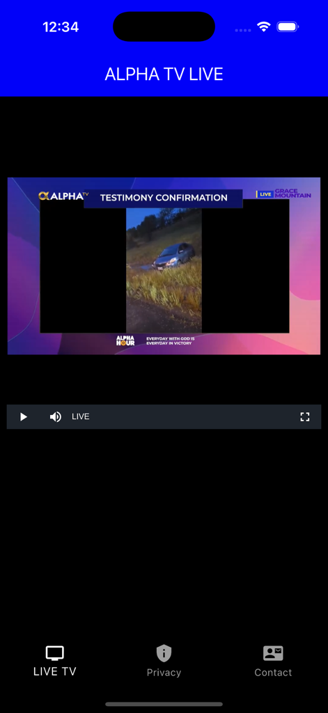 Alpha Tv Gh - Alpha Tv Gh app interface showing a live stream of a religious testimony confirmation