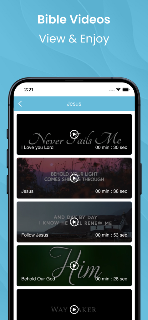 Telugu Bible Offline - Telugu Bible Offline app interface showing a list of religious videos and christian songs available for streaming