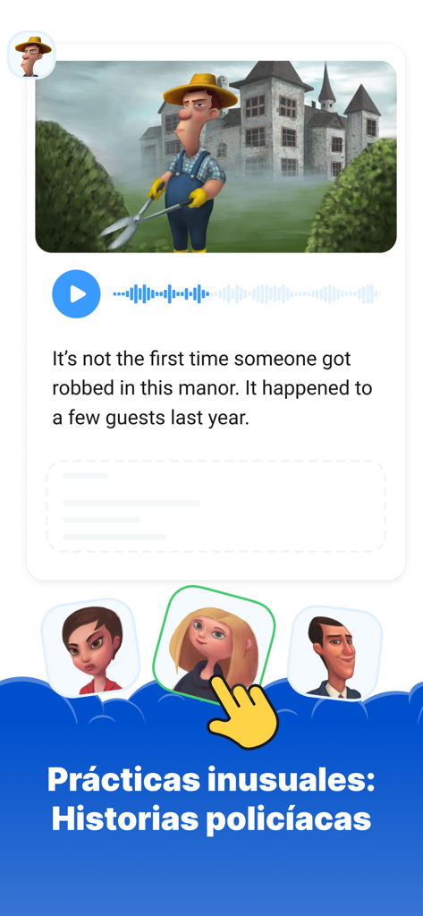 Simpler: English learning app - Interface d'apprentissage de l'anglais montrant une leçon d'histoire policière avec sélection de personnages