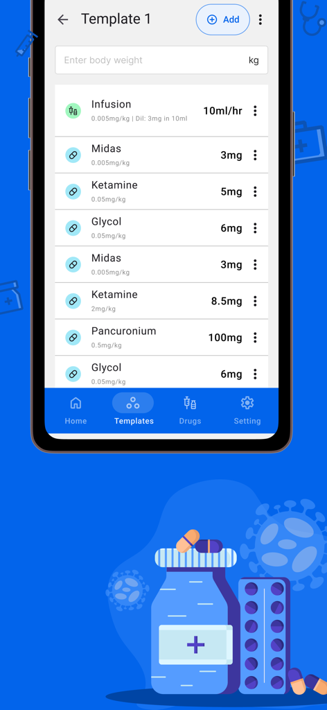 Dr. Med - Made Easy - Interface d'une application mobile de Dr. Med montrant les modèles de posologie de médicaments enregistrés et les résultats de calculs basés sur le poids pour des médicaments comme la kétamine et le midas.