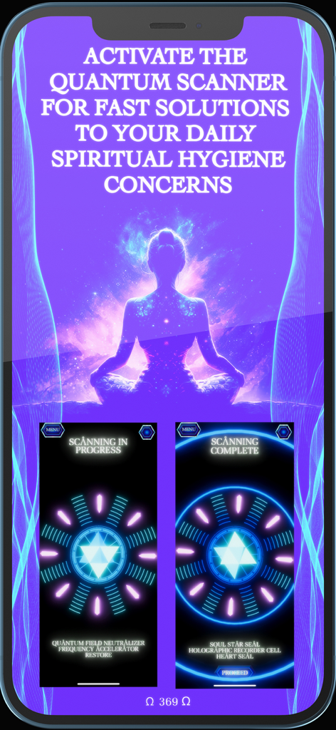 Quantum Frequency Technologies - Quantum Frequency Technologies mobile app interface showing a meditation silhouette and quantum scanning tools for spiritual hygiene.