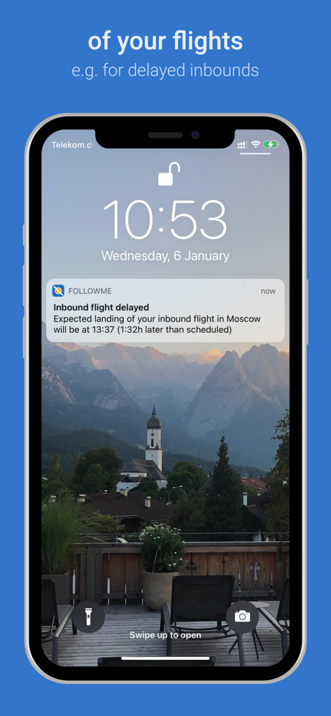 FollowMe - Share your roster - iPhone lock screen showing a FollowMe notification for a delayed inbound flight.