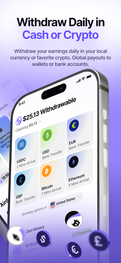 Klink: Earn Cash & Rewards - Klink mobile app withdrawal screen showing cash and cryptocurrency reward options.