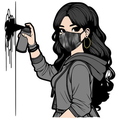 realistic girl with mask spray painting a wall