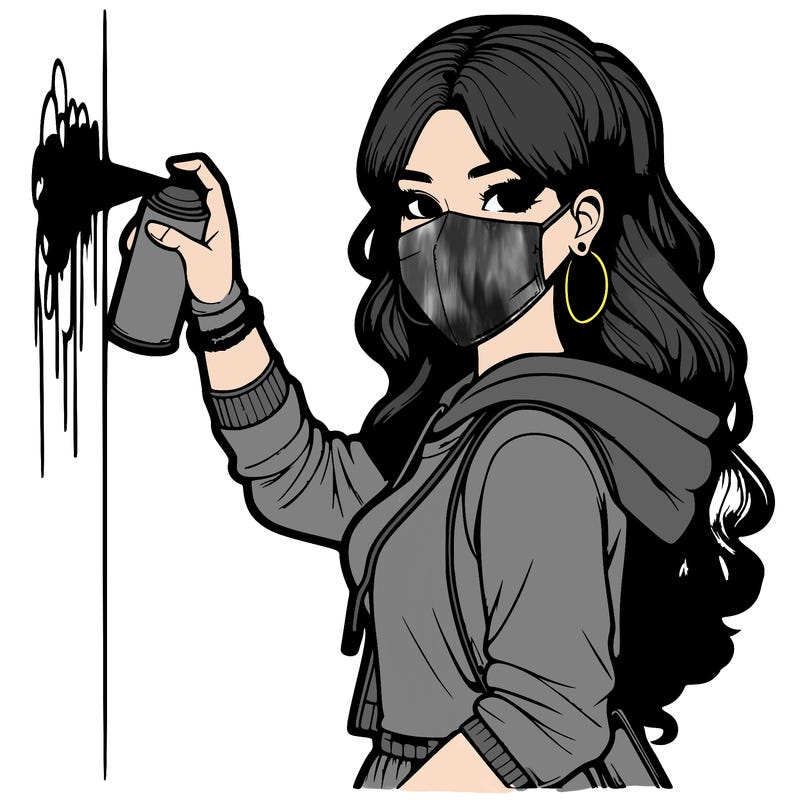 realistic girl with mask spray painting a wall