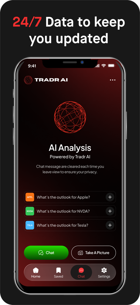 Tradr AI - Trading Bot - Tradr AI mobile app interface showing an AI-powered stock analysis chat screen with sample market outlook questions for Apple, Nvidia, and Tesla.