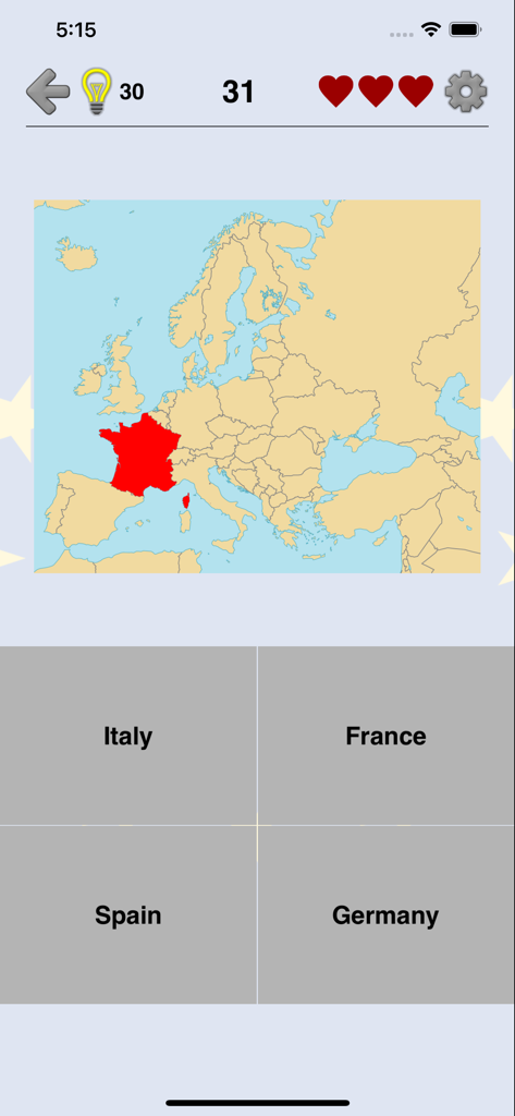 European Countries - Maps Quiz - Una pregunta de opción múltiple en la aplicación European Countries Maps Quiz que muestra a Francia resaltada en rojo en un mapa de Europa.