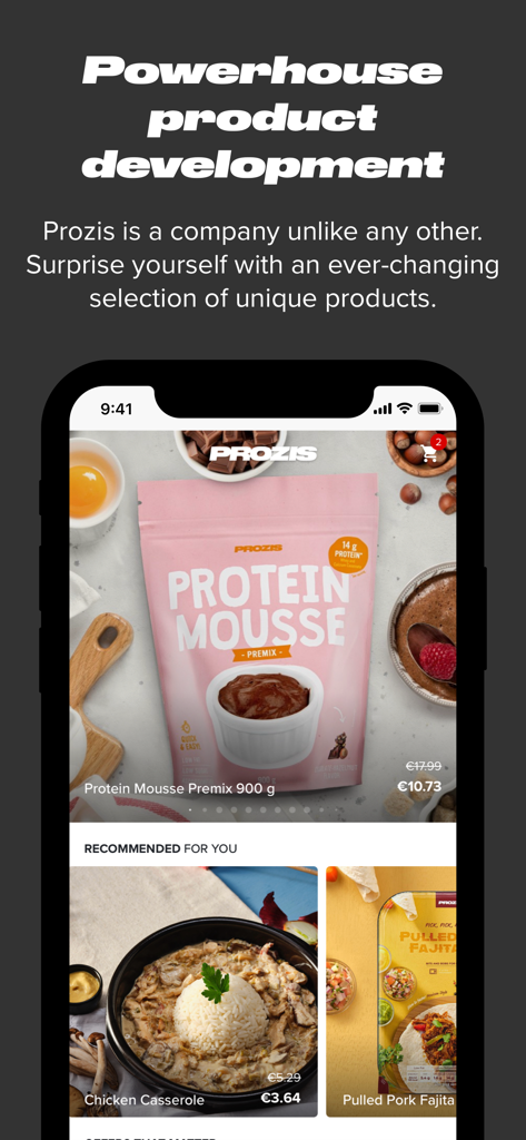 Prozis Store - Oberfläche der Prozis Store Mobile App mit Proteinmousse und gesunden Mahlzeiten im Fokus