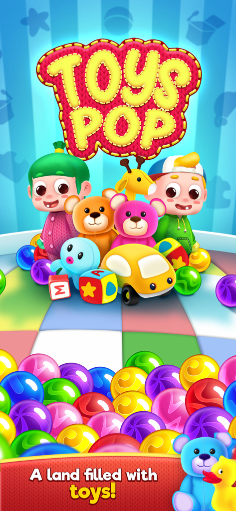 Bubble Shooter Game : Toys Pop - Toys Pop game screen showing colorful bubbles and cute toy characters in a childhood dreamland