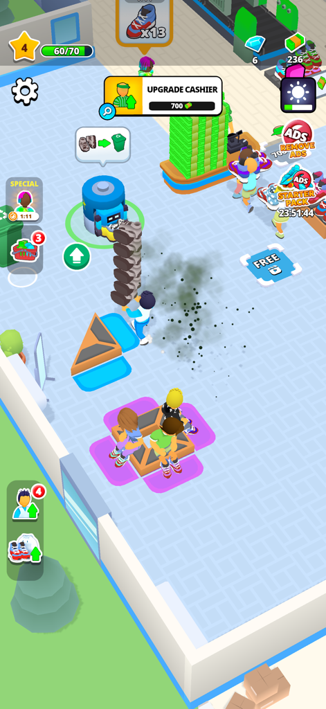 A character manages a sneaker boutique by carrying a stack of shoe boxes in Just Step Fashion Empire.