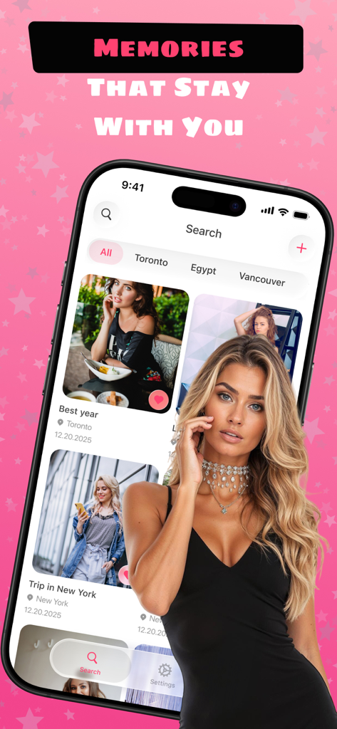 Azar - Be Happy - User interface of the Azar - Be Happy app displaying personal photo memories categorized by location and date on a pink background.