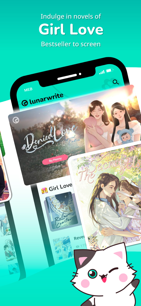 Lunarwrite - Interface de l'application mobile Lunarwrite affichant une collection organisée de romans Girl Love thaïlandais et d'adaptations de séries populaires