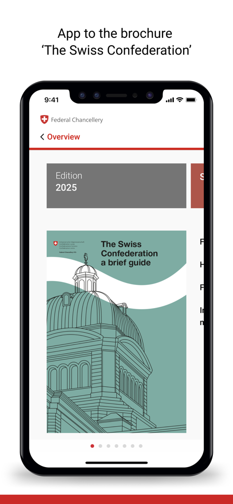 CH info - Capture d'écran de l'application CH info affichant le guide 2025 de la Confédération suisse.