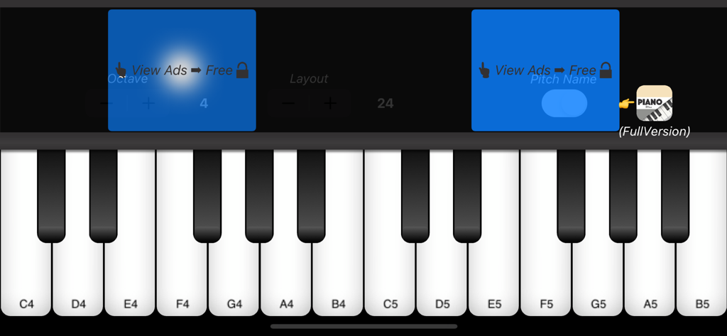 Digital piano keyboard interface with adjustable octave and layout settings