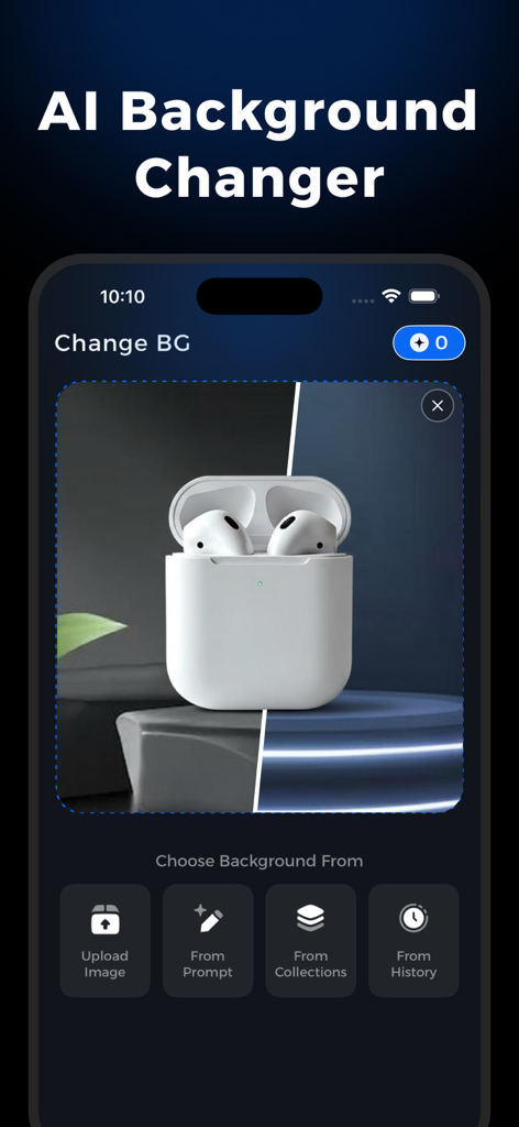 AI Background Generator - BGFX - Interface do aplicativo móvel para alterar fundos de produtos usando IA com uma visualização em tela dividida de fones de ouvido