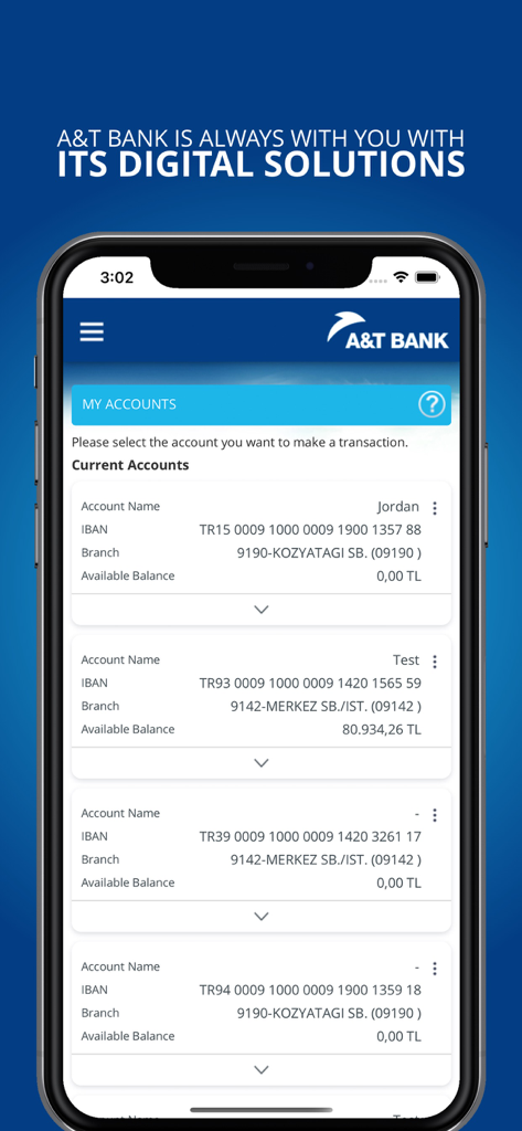 A&T Bank Mobile - The My Accounts screen on the A&T Bank Mobile app showing current account details including IBAN and balances in Turkish Lira.